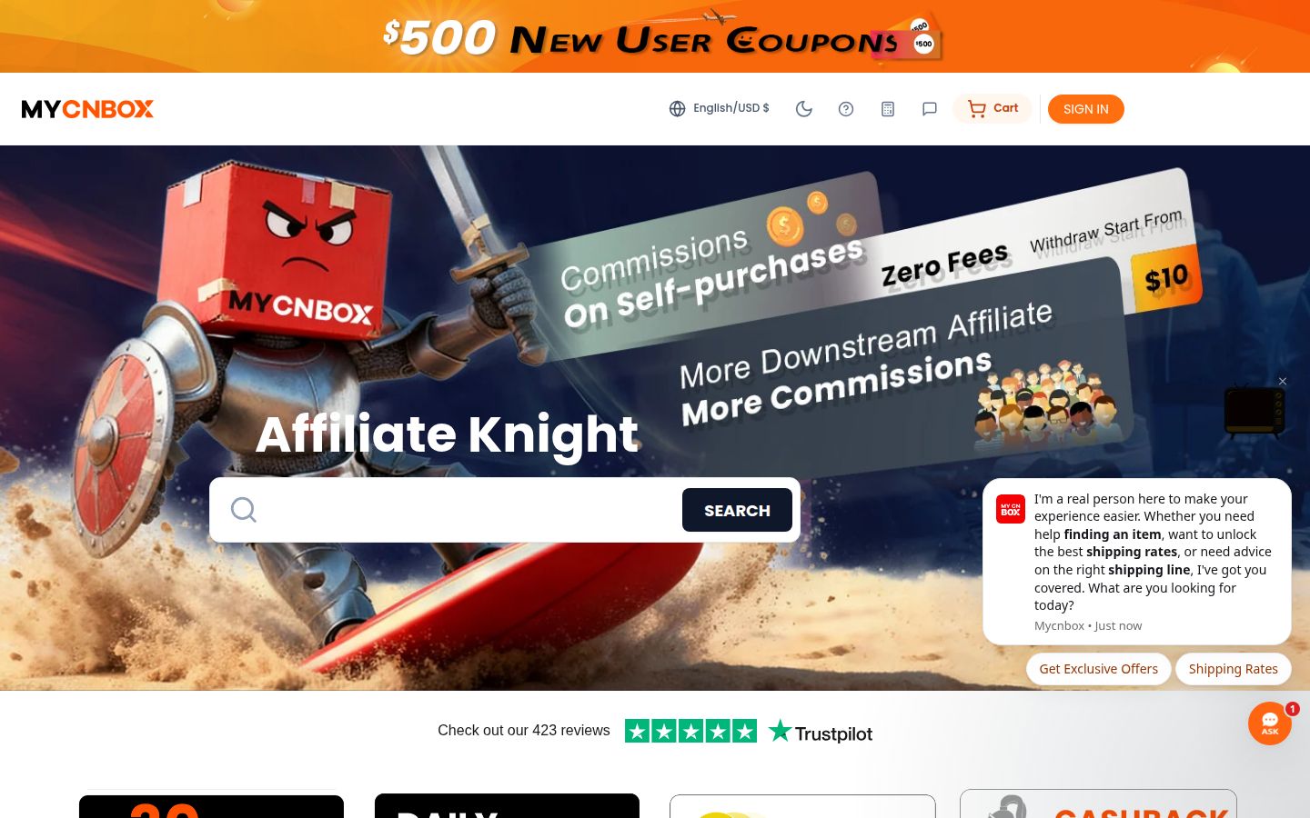 Official MyCNBox homepage 9 Oct 2026 Affiliate Knight and $500 new user coupons
